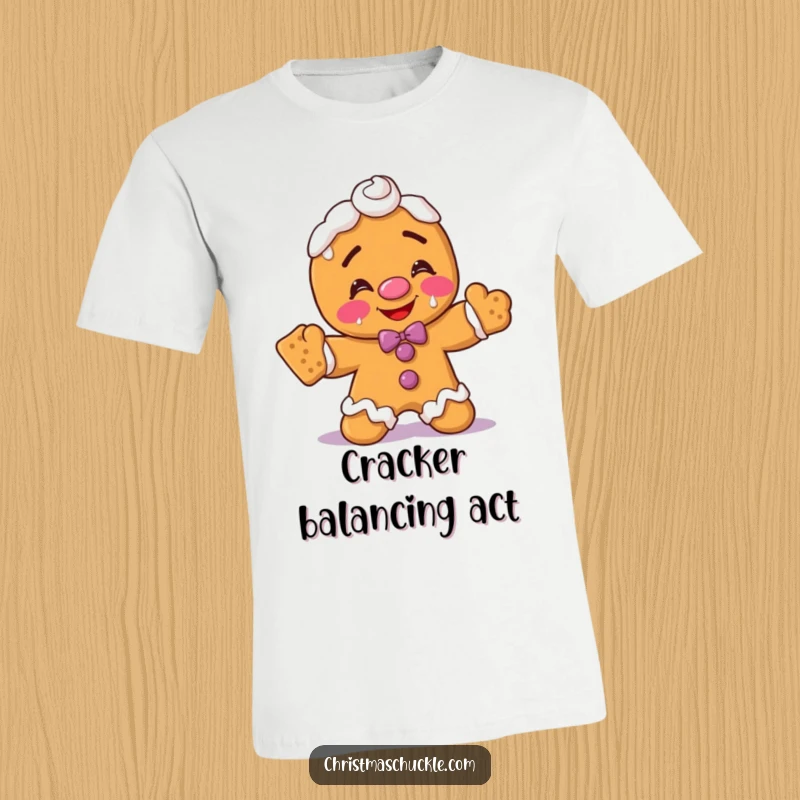 Funny gingerbread man clown t-shirt, blushing with frosting on face, attempting to balance crackers, a silly baker's struggle.