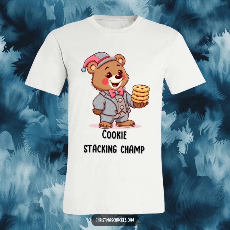 Funny bear clown t-shirt, wearing a sparkly suit, determinedly balancing a stack of festive cookies, a focused and comical apparel.