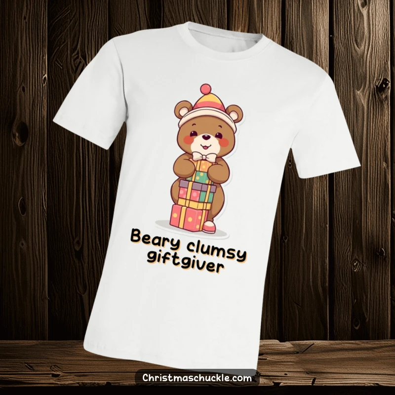 Funny t-shirt featuring a smiling bear character in a clown suit, precariously balancing multiple stacks of presents with a cheerful expression.
