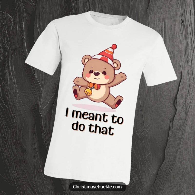 Funny bear t-shirt depicting a festive bear with a clown hat and bells, comically tripping over its feet.
