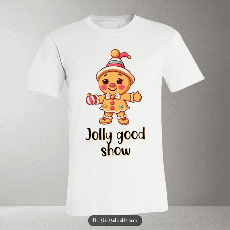 Funny round gingerbread man as a clown, juggling ornaments, showcasing holiday cheer and circus whimsy.