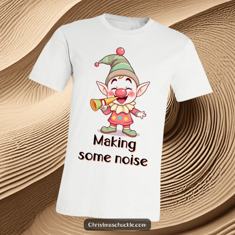 Funny giggling elf clown with a squeaky nose blowing a party horn loudly, humorous t-shirt for birthdays and celebrations.