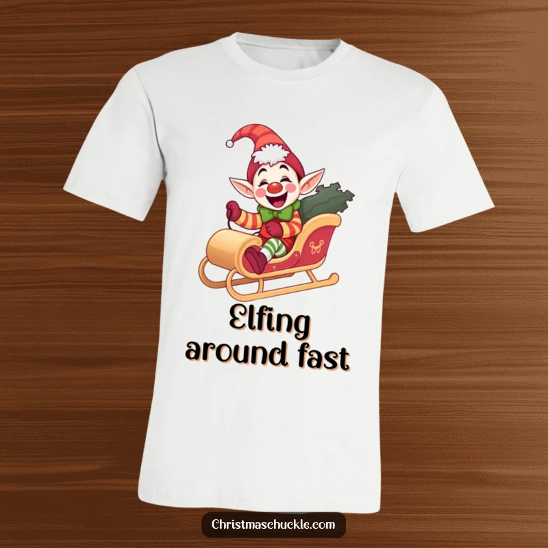 Funny elf clown t-shirt, giddy and joyful, riding a miniature sleigh, perfect for spreading holiday cheer, a great funny gift.
