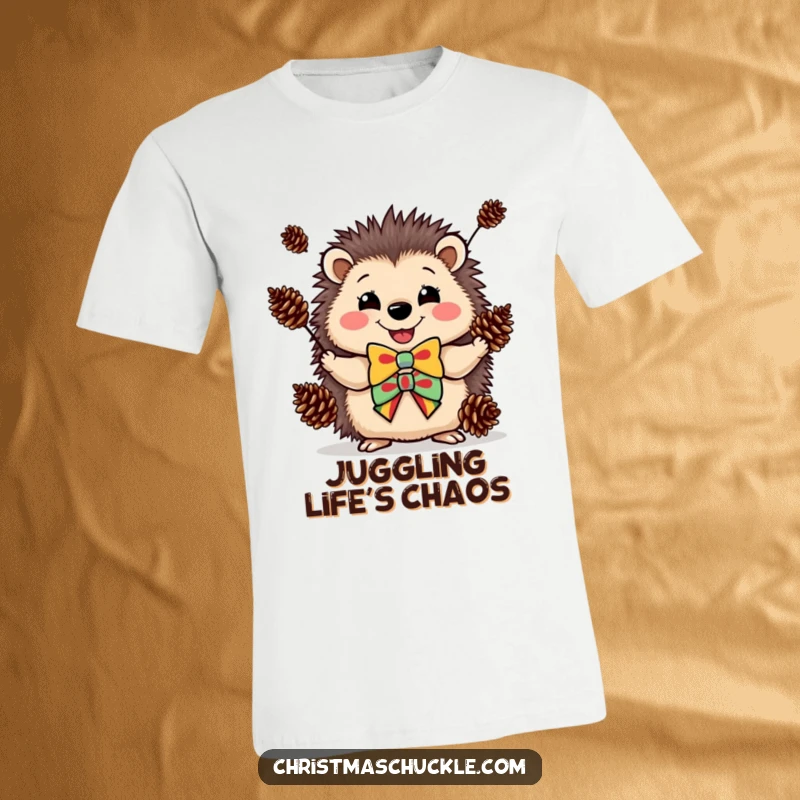 Funny t-shirt with a happy hedgehog sporting a clown bowtie and juggling pinecones with impressive skill.