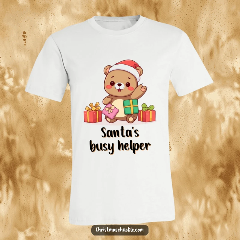 Funny kawaii bear wearing Santa hat, juggling multiple presents with excitement, a humorous holiday t-shirt for festive occasions.