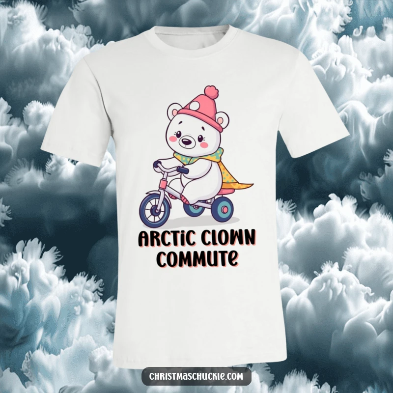 Funny t-shirt featuring a kawaii polar bear dressed as a clown, joyfully riding a miniature tricycle with a cheerful, whimsical look.