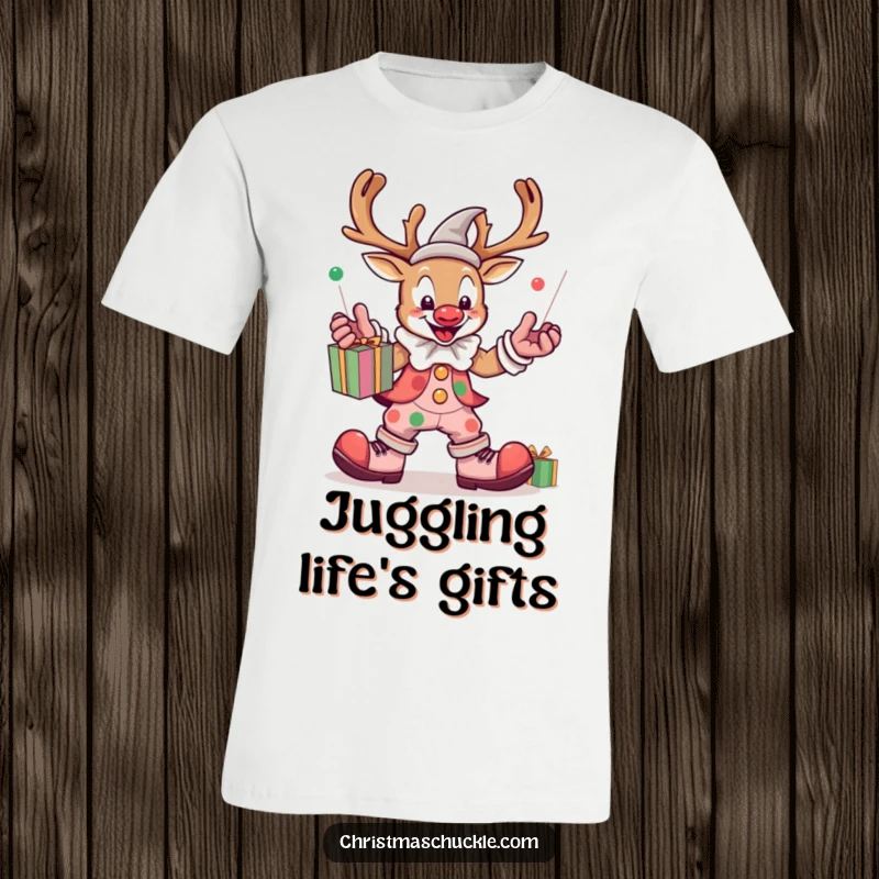 Funny kawaii reindeer clown juggling brightly colored presents, on a t-shirt, festive and humorous design.
