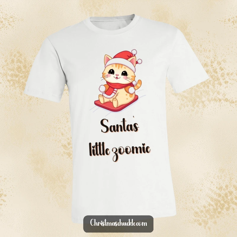 Funny Kawaii Santa Cat T-Shirt: A cute cat in a Santa outfit, happily sliding down a snowy hill, perfect for winter fun.
