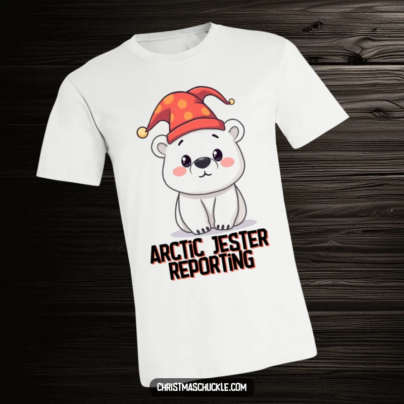 Funny curious polar bear sporting a jester hat on a t-shirt, designed for those who enjoy humor and a touch of the absurd.