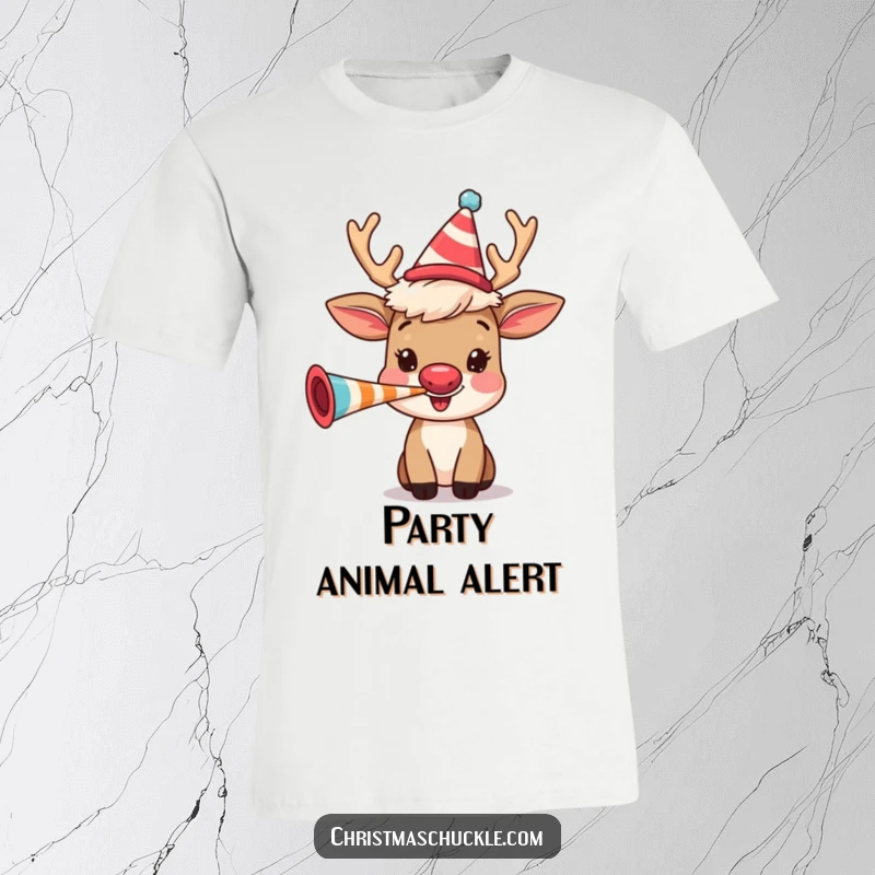 Funny reindeer with a clown wig, blowing a party horn, depicted on a comfortable t-shirt, bringing festive cheer.