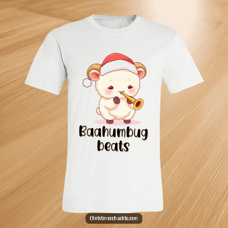 Funny fluffy sheep wearing a Santa hat, playing a small trumpet, bringing festive cheer and holiday humor to this t-shirt.