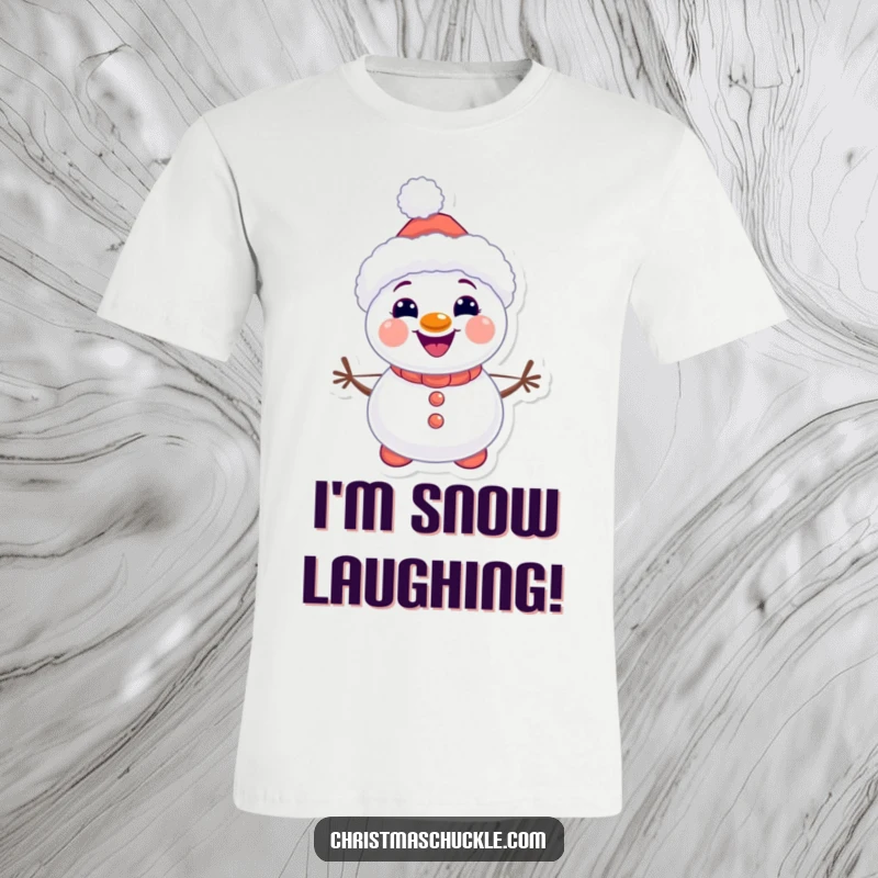 Funny kawaii snowman clown t-shirt, beaming with a smile and carrot buttons, embodying winter fun, a great funny gift.