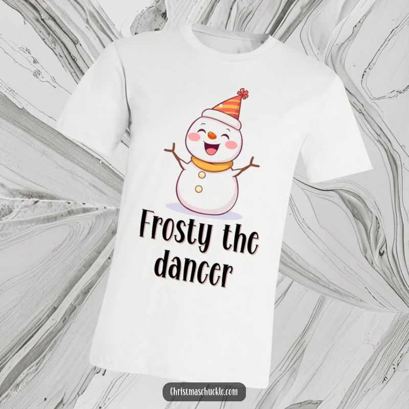 Funny t-shirt of a happy snowman wearing a small party hat, spinning with pure joy, perfect for winter parties and casual wear.