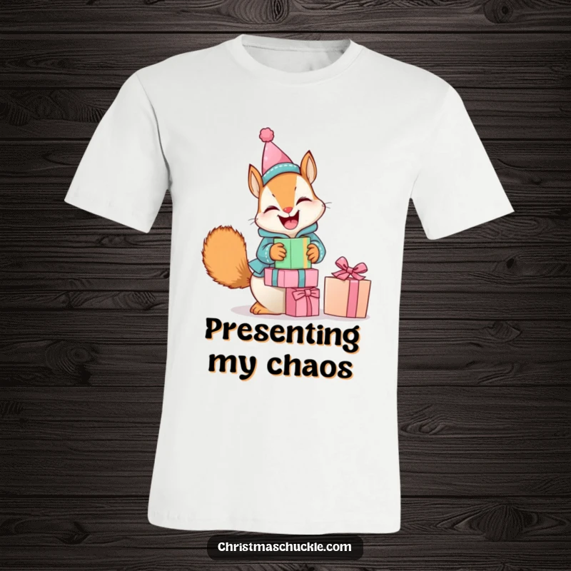 Funny t-shirt print of a giggling squirrel in a tiny clown suit, precariously balancing a stack of presents with a determined expression.