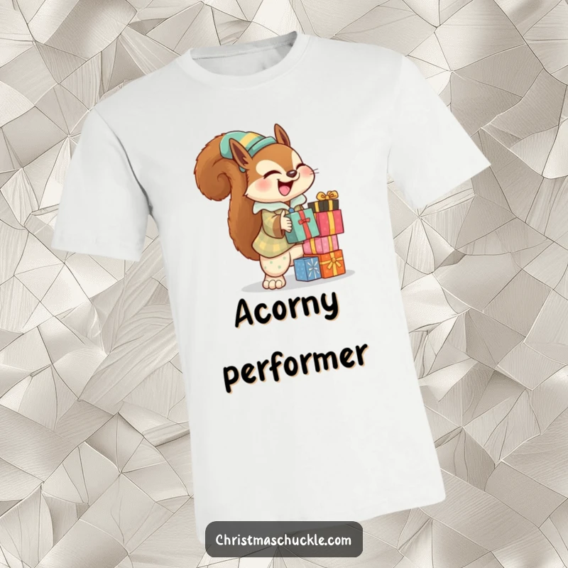 Funny squirrel clown t-shirt depicting a happy squirrel in a clown suit, skillfully balancing a stack of presents.