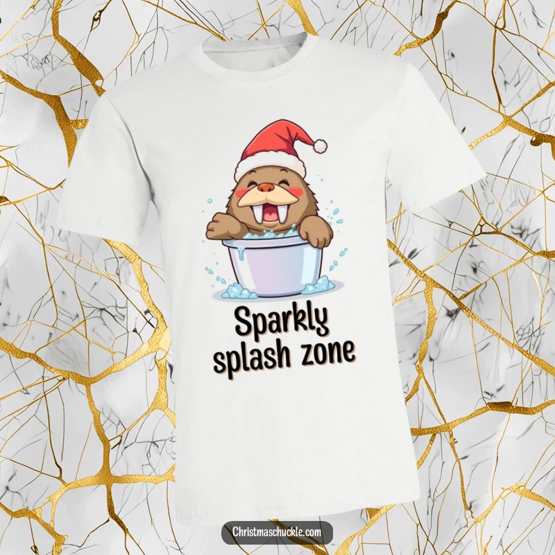 Funny walrus clown t-shirt, wearing a Santa hat, playfully splashing in a bucket of glitter, festive and joyful apparel.