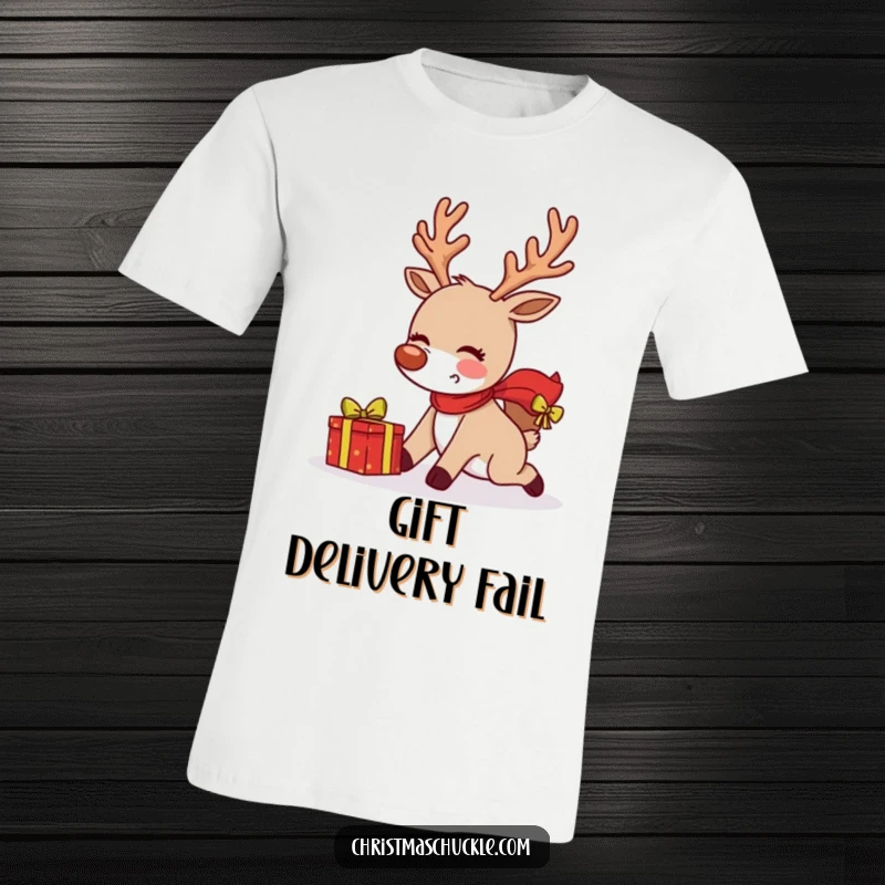 Funny blushing reindeer comically tripping while dropping a present, conveying holiday mishaps and Christmas cheer.
