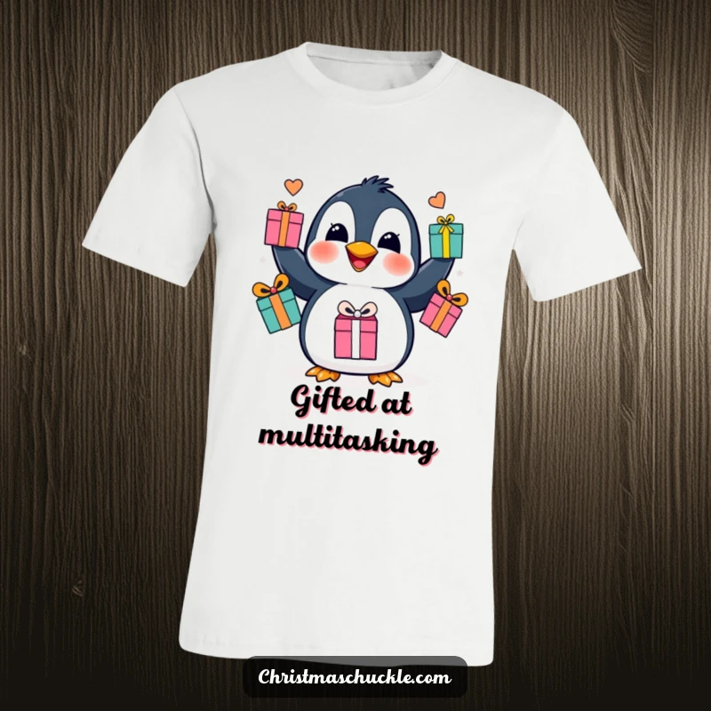 Funny penguin juggling t-shirt, a happy arctic bird skillfully tossing gift boxes with its flippers, radiating festive fun.
