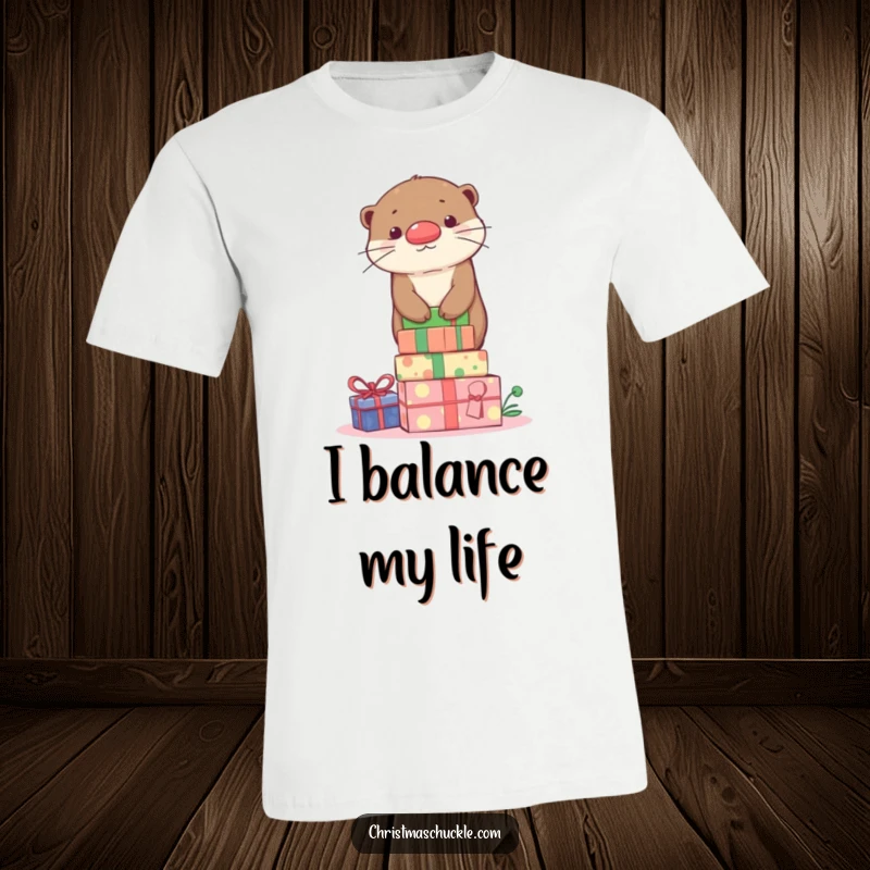Funny cute otter with a red clown nose balancing on a pile of wrapped presents, printed on a soft t-shirt.