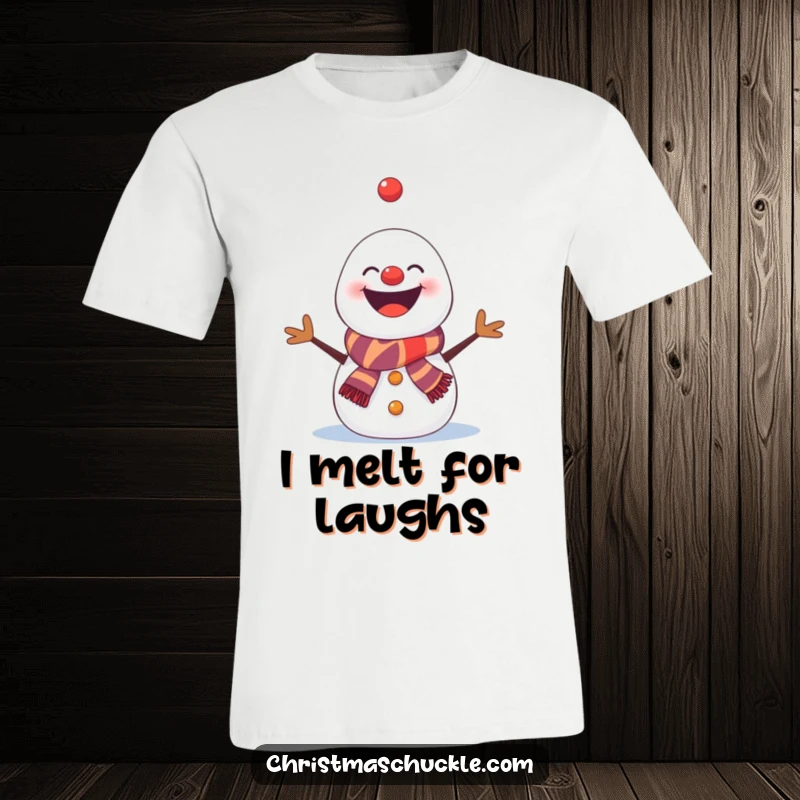 Funny snowman t-shirt, a clown-faced snowman erratically juggling snowflakes, designed for hilarious winter gifting.
