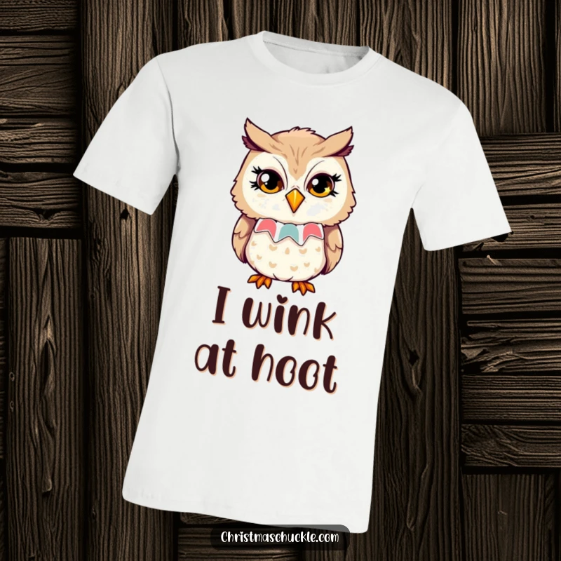 Funny t-shirt print of an owl in a clown collar, attempting a playful wink with sparkling eyes, conveying clever amusement.