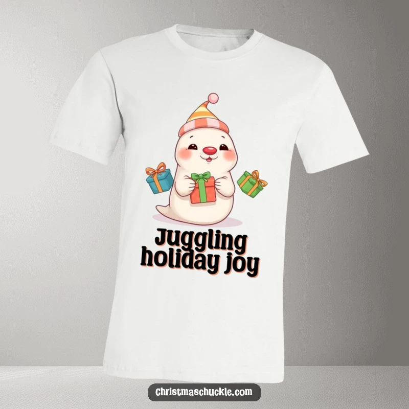 Funny seal clown wearing a hat and red nose juggles three presents, a comical t-shirt graphic.