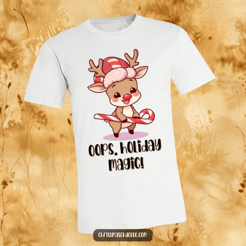 Funny t-shirt with a happy reindeer wearing a clown wig, comically tripping over a candy cane during a festive moment.