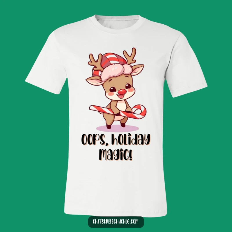 Funny Reindeer T-Shirt: Clown Wig Chaos, Tripping Over Candy Cane