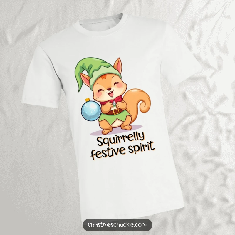 Funny Kawaii Elf Squirrel T-Shirt: A cute Christmas character as an elf, excitedly holding a sparkling ornament, perfect for holiday fun.
