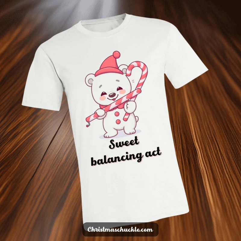 Funny polar bear clown t-shirt, cheerful and clumsy, balancing a candy cane, perfect for spreading holiday cheer, great funny gift.