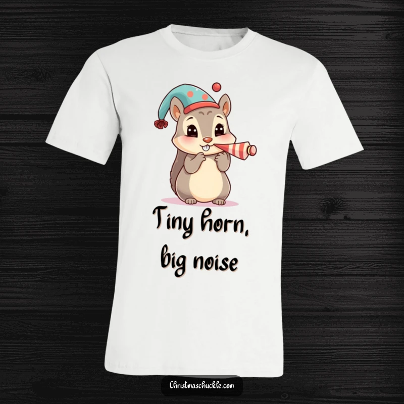 Funny t-shirt with a cute squirrel character in a festive hat, comically honking a tiny clown horn.