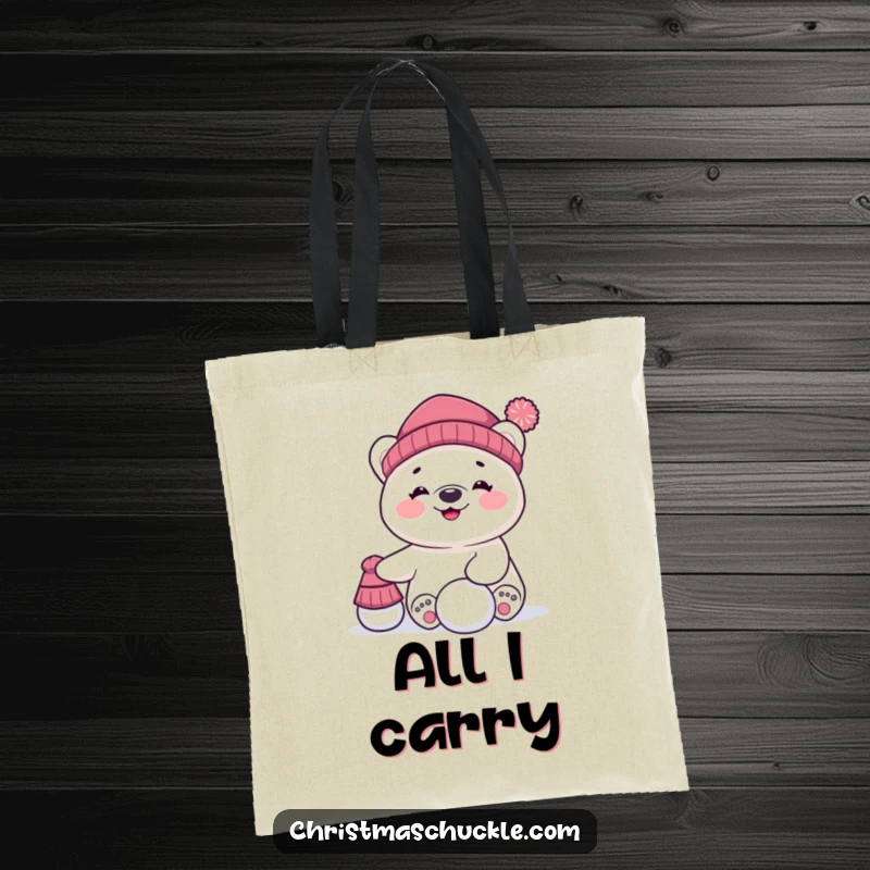 Funny tote bag featuring a giggling polar bear character hilariously trying to balance a hat and a snowball, perfect for carrying your joy.