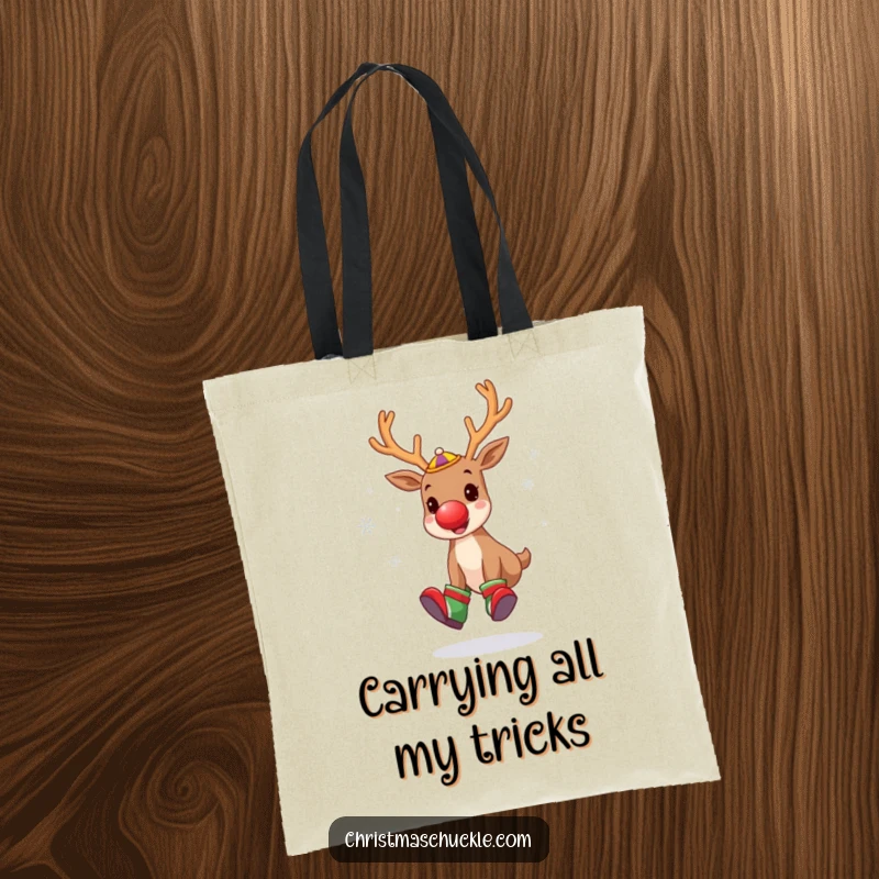 Funny tote bag with a cute reindeer dressed as a clown, juggling snowflakes with oversized shoes, ready to carry your holiday shopping.