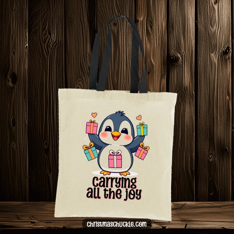 Funny penguin juggling tote bag, a cheerful character balancing gift boxes with its flippers, ideal for festive errands.