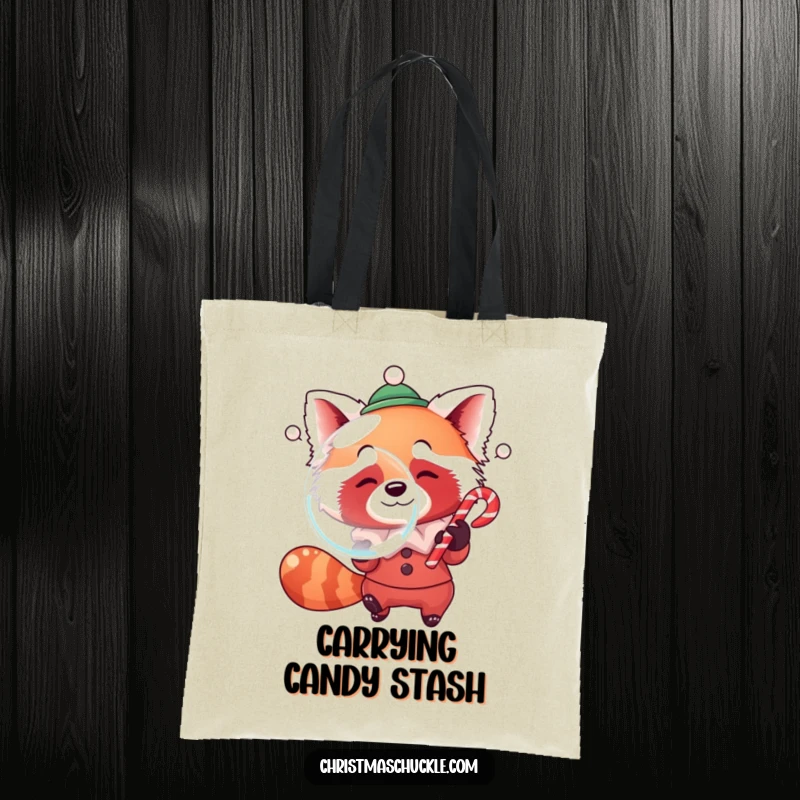 Funny tote bag featuring a red panda dressed as a clown, playfully blowing a giant bubble with a candy cane, perfect for shopping.