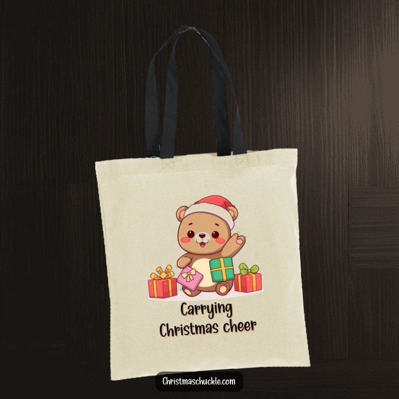 Funny kawaii bear Santa juggling gifts, a festive tote bag for carrying holiday items with cheerful humor and style.