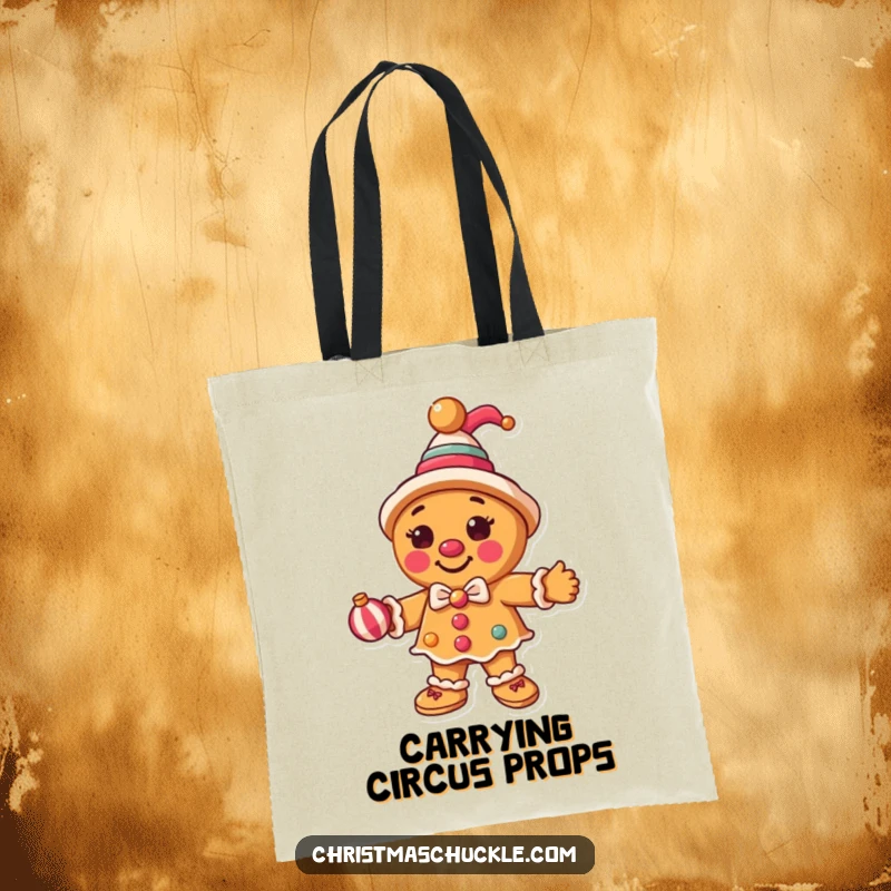 Funny round gingerbread man as a clown, juggling ornaments on a tote bag, ideal for carrying holiday items.