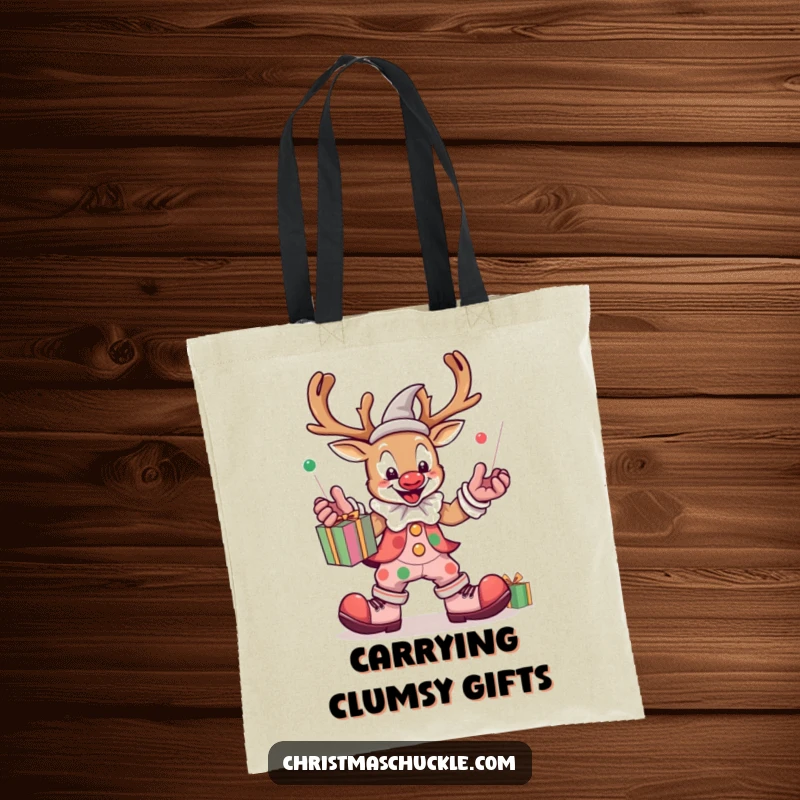 Funny kawaii reindeer clown juggling presents, durable tote bag, stylish accessory, festive and humorous design, holiday shopping.