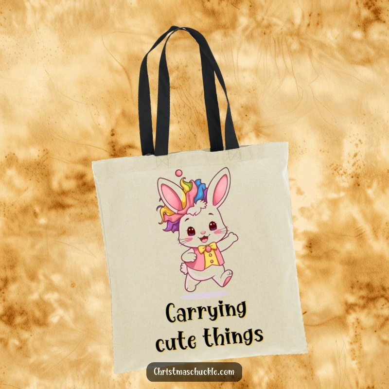 Funny kawaii bunny wearing a rainbow clown wig and waistcoat hops excitedly, a humorous and cute tote bag.