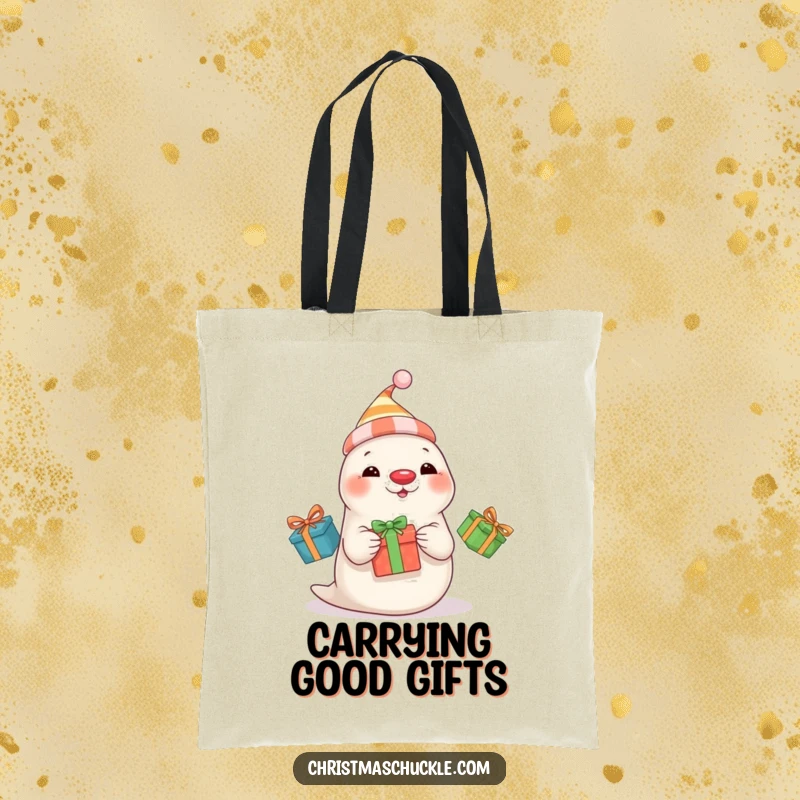 Funny seal clown wearing a hat and red nose juggles three presents, a humorous and functional tote bag.
