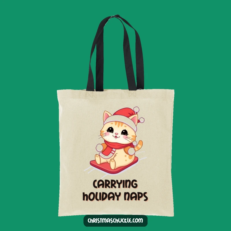 Funny Kawaii Santa Cat Tote Bag: Cute Feline Sliding Down Snowy Hill, Handy Funny Gift