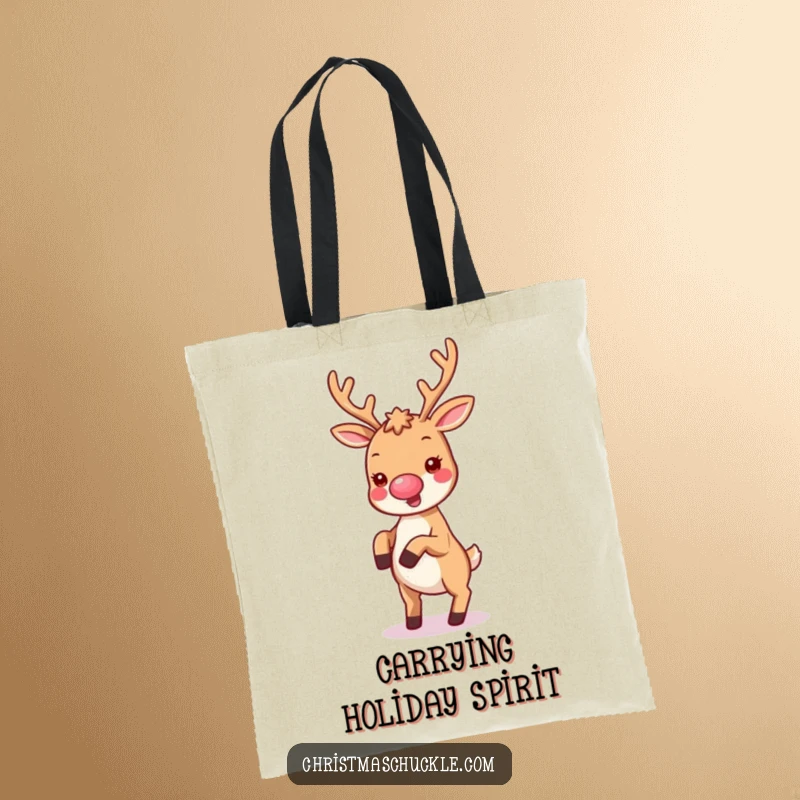 Funny tote bag with a kawaii reindeer wearing a tiny clown nose, joyfully doing a cartwheel, perfect for holiday errands.