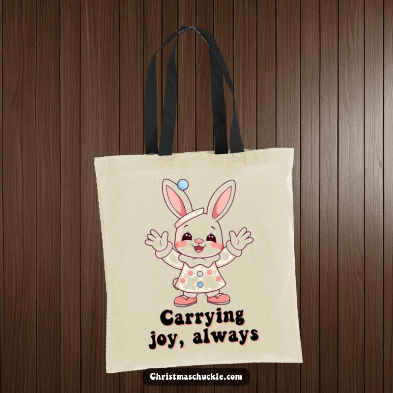 Funny tote bag with a joyful bunny dressed as a clown, enthusiastically waving, perfect for carrying groceries with a humorous flair.