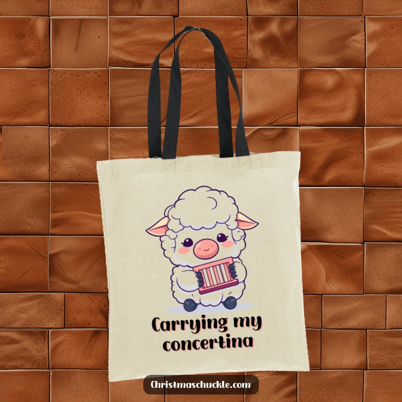 Funny tote bag featuring a sheep clown playing a concertina, perfect for everyday use and carrying items with musical humor.