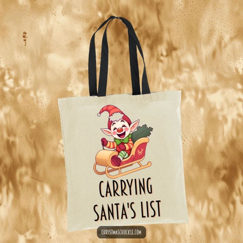 Funny elf clown tote bag, giddy and joyful, riding a miniature sleigh, a practical and humorous accessory, perfect funny gift.