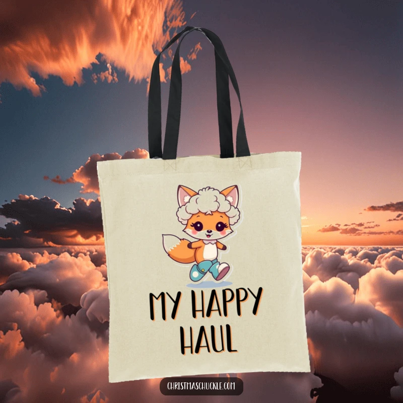 Funny tote bag featuring a cute fox character hopping joyfully, wearing a tiny clown wig and oversized boots, a whimsical carry-all.