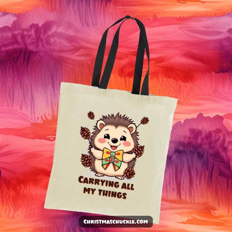 Funny tote bag with a happy hedgehog wearing a clown bowtie, juggling pinecones, great for shopping.