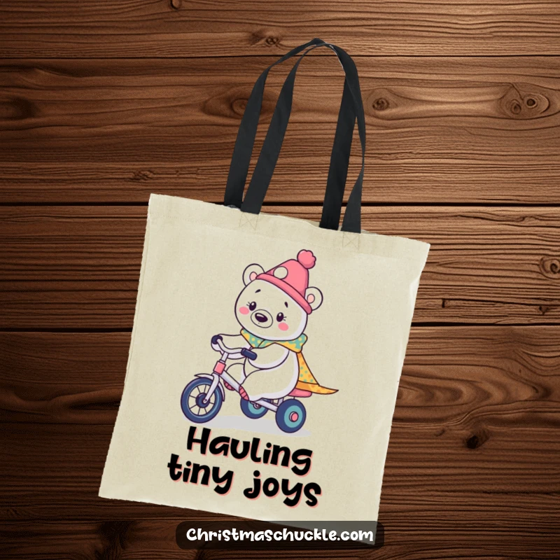 Funny tote bag featuring a kawaii polar bear dressed as a clown, riding a tiny tricycle with an endearing, cartoonish style.