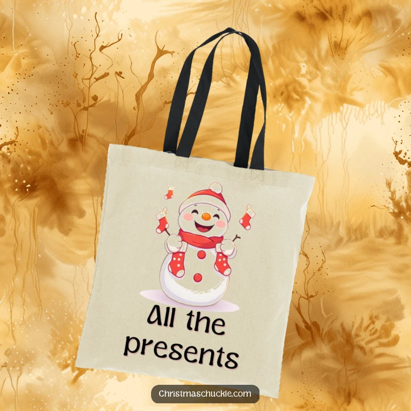 Funny tote bag with a cute kawaii snowman juggling small Christmas stockings, humorous and practical holiday accessory.