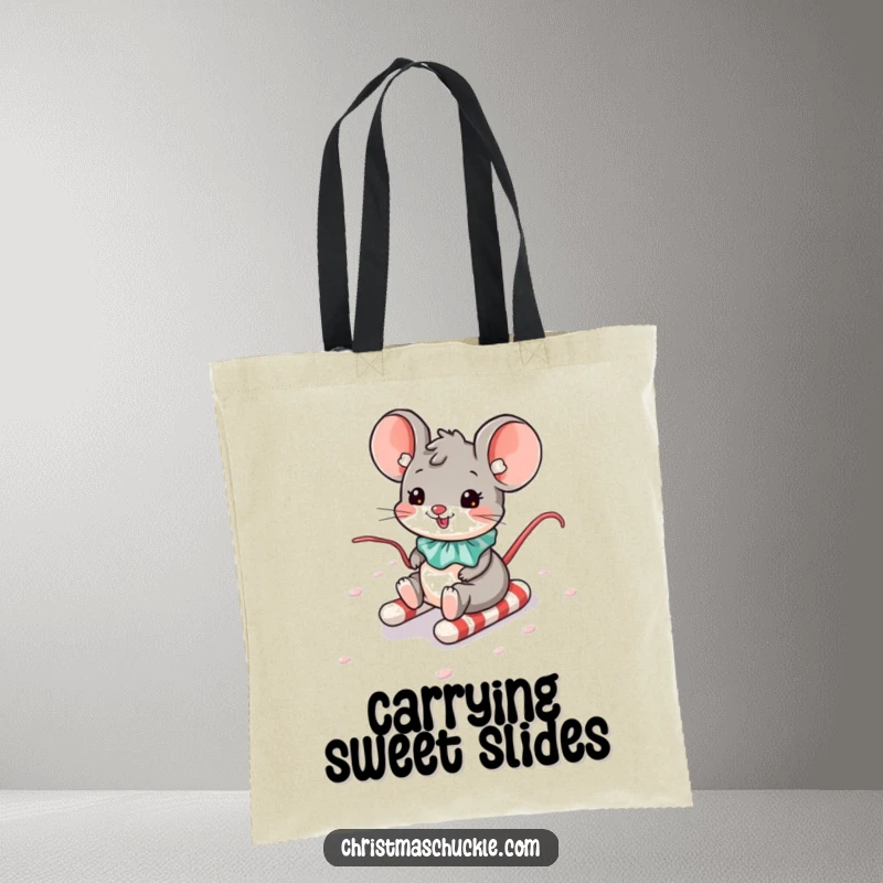 Funny tote bag illustrating a happy mouse with a clown collar sliding down a vibrant candy cane hill.